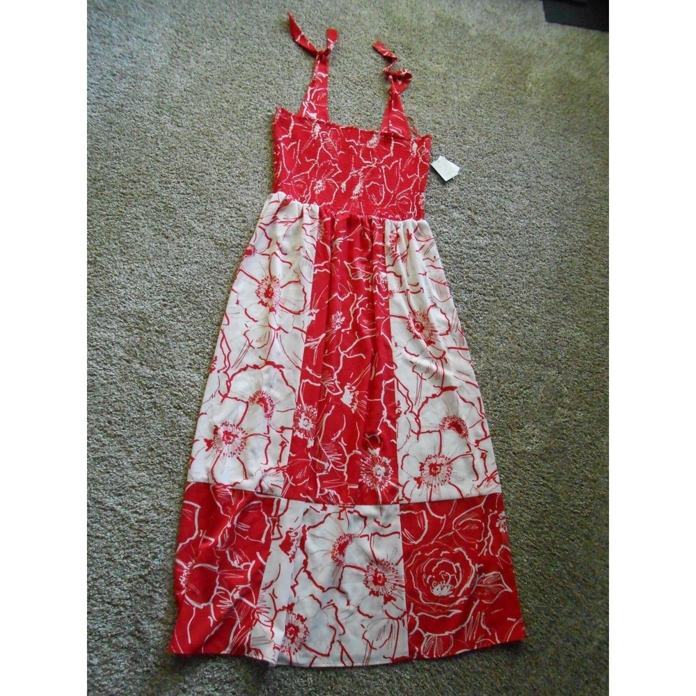 New Danny and Nicole Red/Ivory Tropical Hawaiian Long Dress size 12 Tie Straps